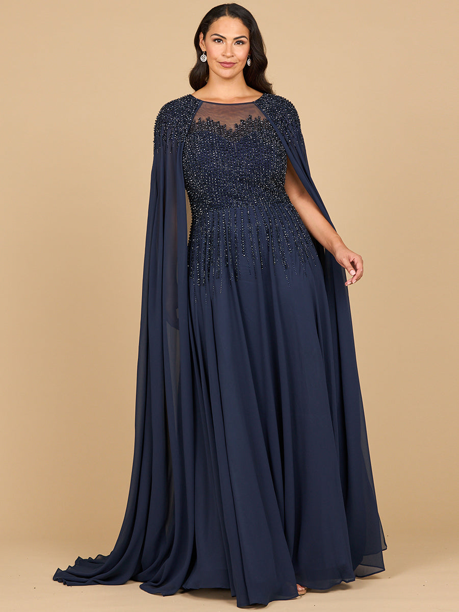 Mother of the Bride Dresses Long Formal Beaded Cape Mother of the Bride Dress Navy