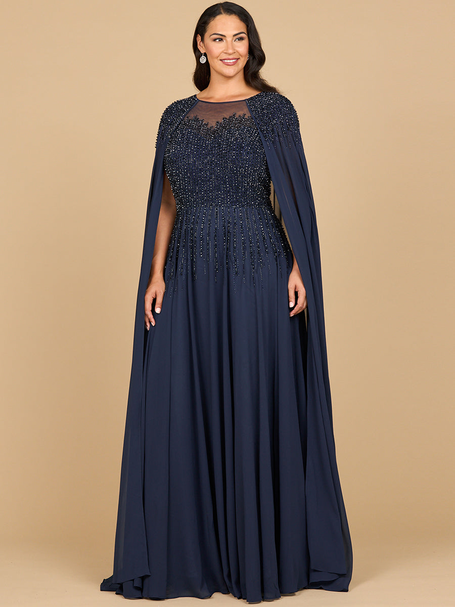 Mother of the Bride Dresses Long Formal Beaded Cape Mother of the Bride Dress Navy