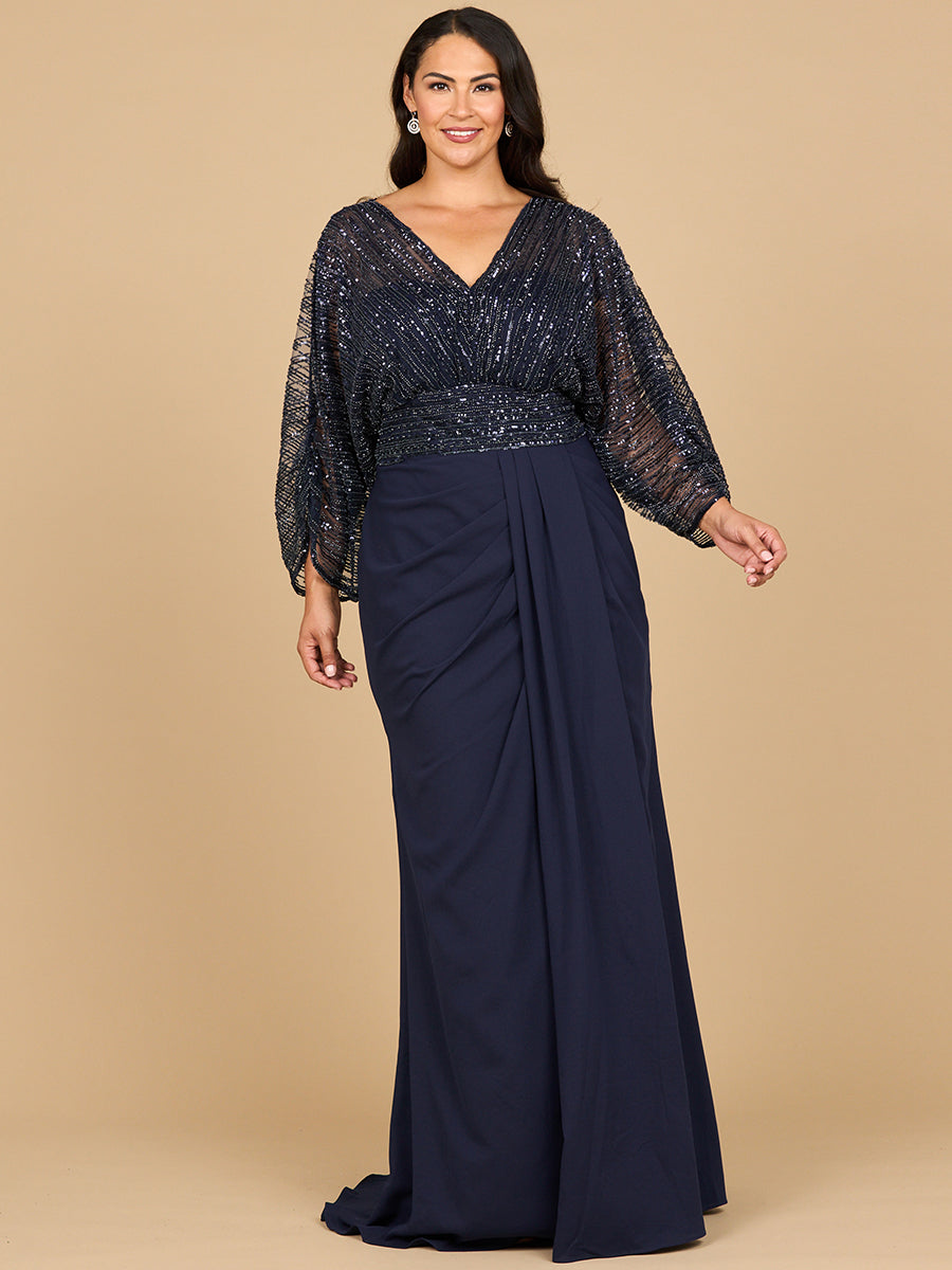 Mother of the Bride Dress Long Formal Beaded Cape Mother of the Bride Dress Navy