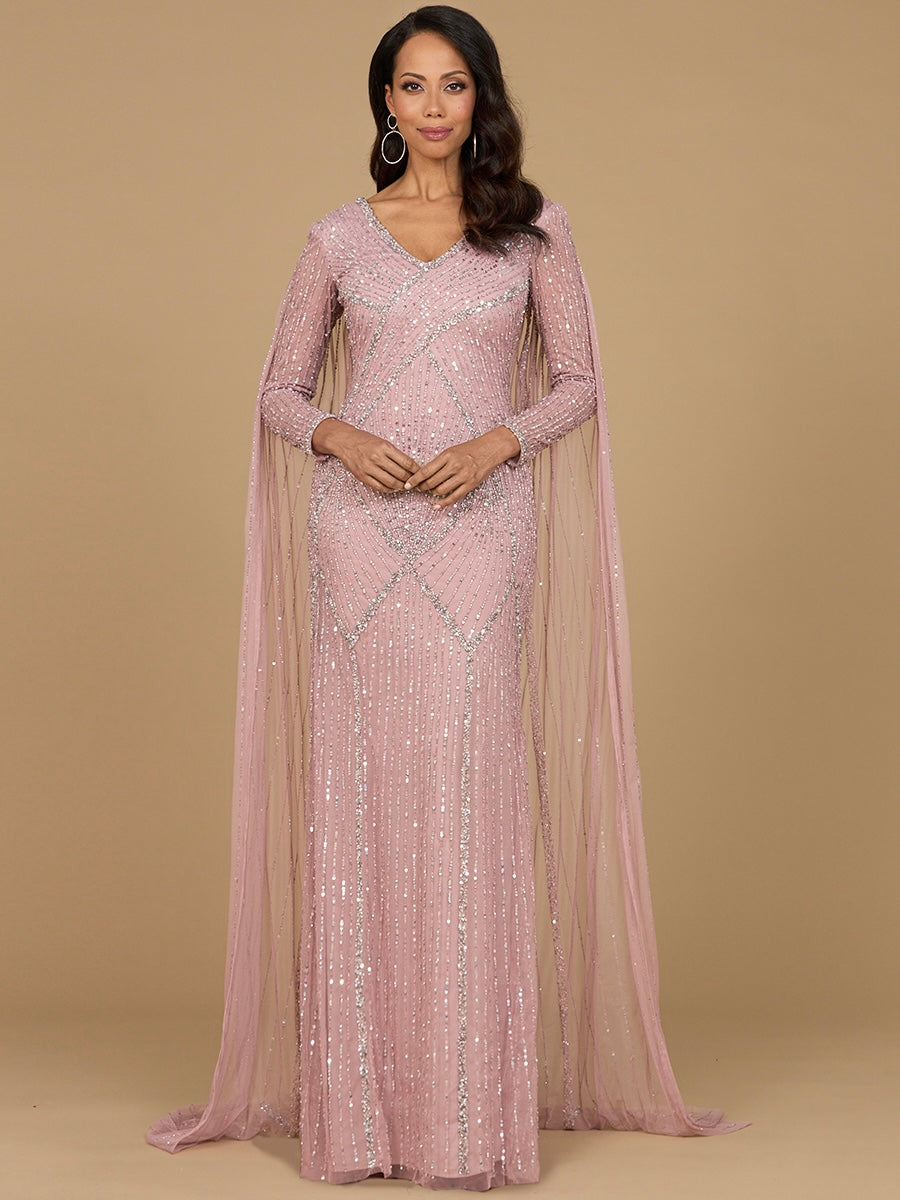 Lara Dresses 28956 Long Sleeve Formal Beaded Cape Evening Dress – The Dress Outlet