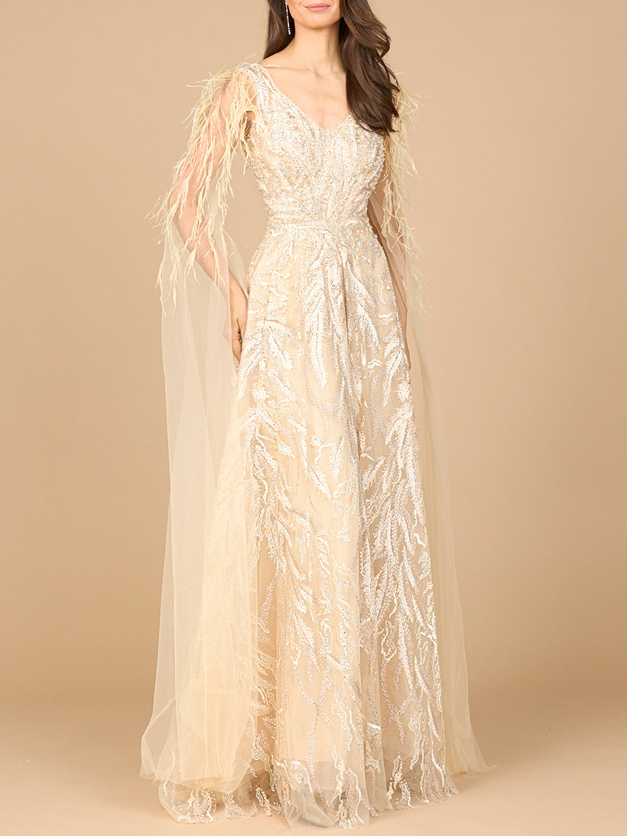 Formal Dresses Long Beaded Formal Cape Sleeve Dress Champagne