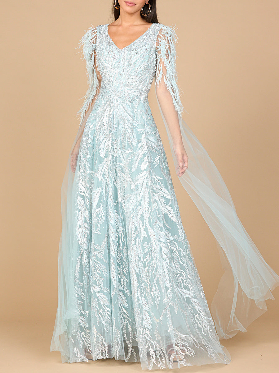 Lara Dresses 28965 Long Beaded Formal Cape Sleeve Dress - Champagne / 16 Lara Dresses 28965 Long Beaded Formal Cape Sleeve Dress - Champagne / 16