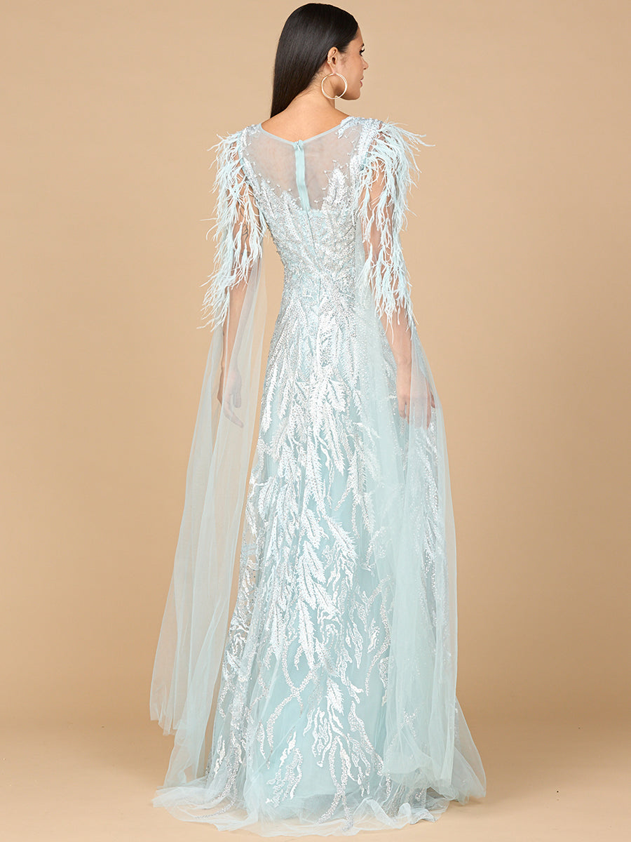 Formal Dresses Long Beaded Formal Cape Sleeve Dress Dusty Blue