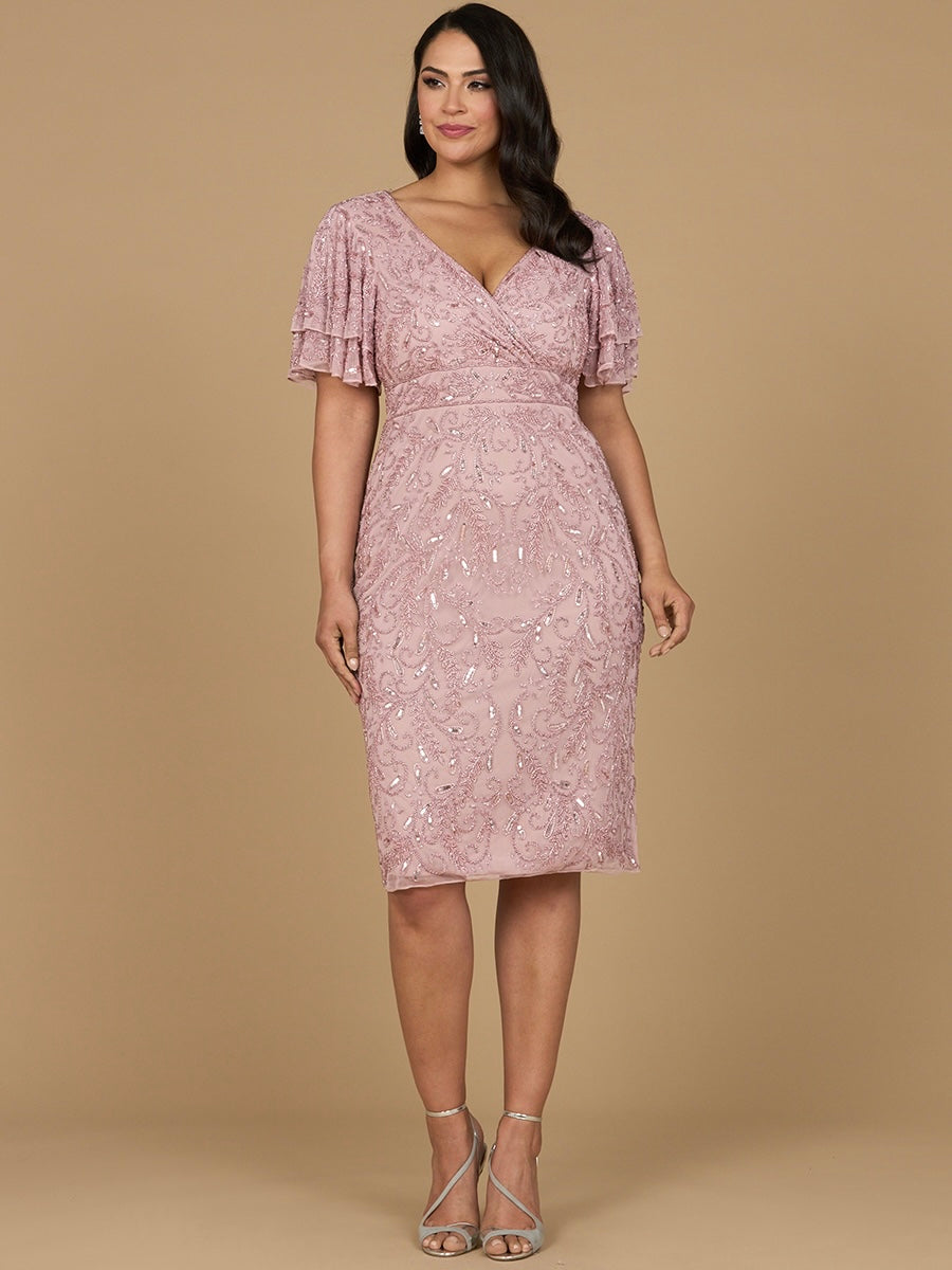 Lara Dresses 28973 Short Ruffle Beaded Cape Sleeve Cocktail Midi Dress