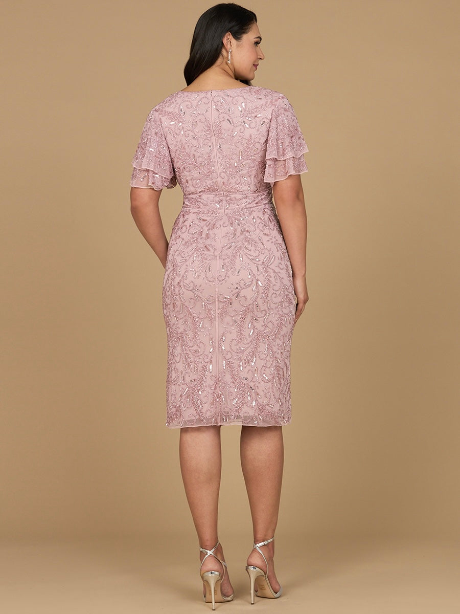 Lara Dresses 28973 Short Ruffle Beaded Cape Sleeve Cocktail Midi Dress