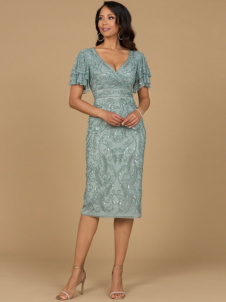 Lara Dresses 28973 Short Ruffle Beaded Cape Sleeve Cocktail Midi Dress