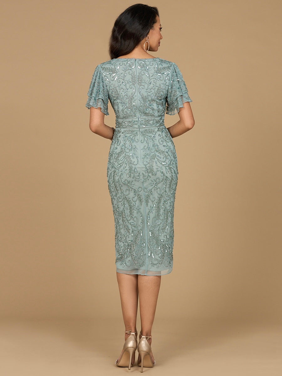 Lara Dresses 28973 Short Ruffle Beaded Cape Sleeve Cocktail Midi Dress