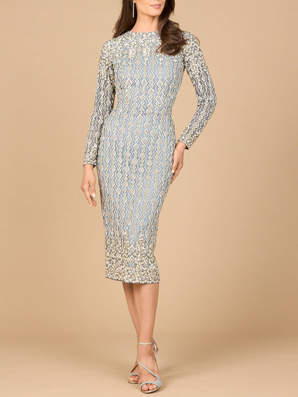 Lara Dresses 28982 Long Sleeve Beaded Cocktail Midi Dress