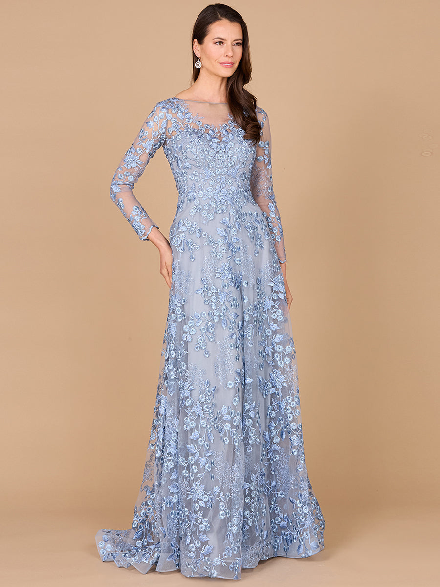 Lara Women's Illusion Neckline, Long Sleeves Gown