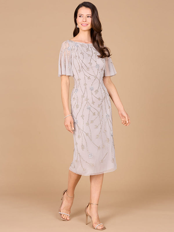 Lara Dresses 28996 Short Cape Sleeve Beaded Midi Cocktail Dress