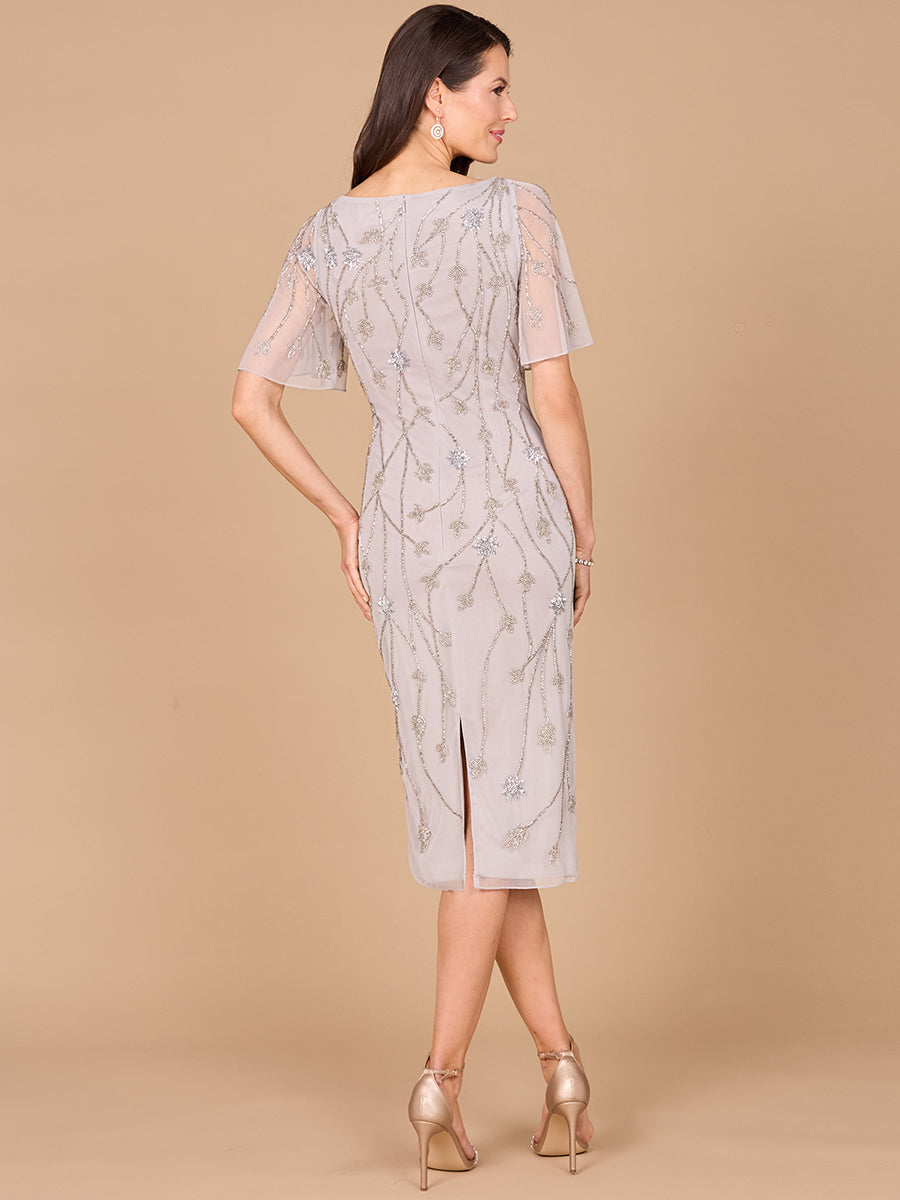Silver Lara Dresses 28996 Short Cape Sleeve Beaded Midi Cocktail Dress
