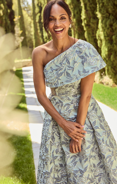 Sage Multi One-Shoulder Floor-Length Jacquard Dress with Asymmetrical Neckline and Bow Detai Alex Evenings 8281255