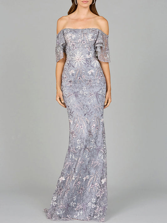 Prom Dresses Beaded Floral Long Mermaid Formal Prom Dress Slate/Multi