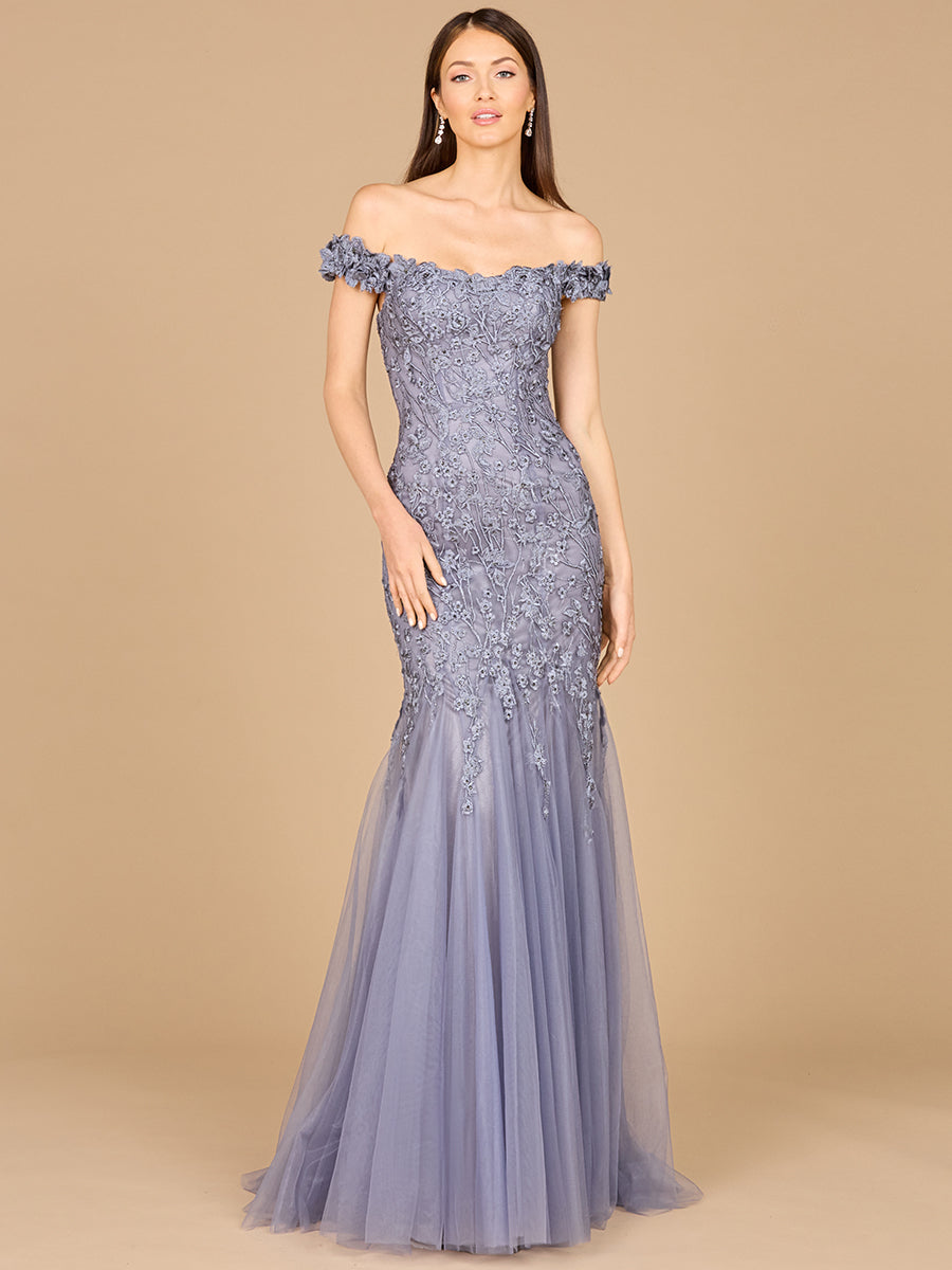 Formal Dresses Prom Long Mermaid Floral Applique Formal Dress Grey Blue