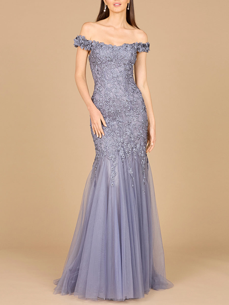 Formal Dresses Prom Long Mermaid Floral Applique Formal Dress Grey Blue