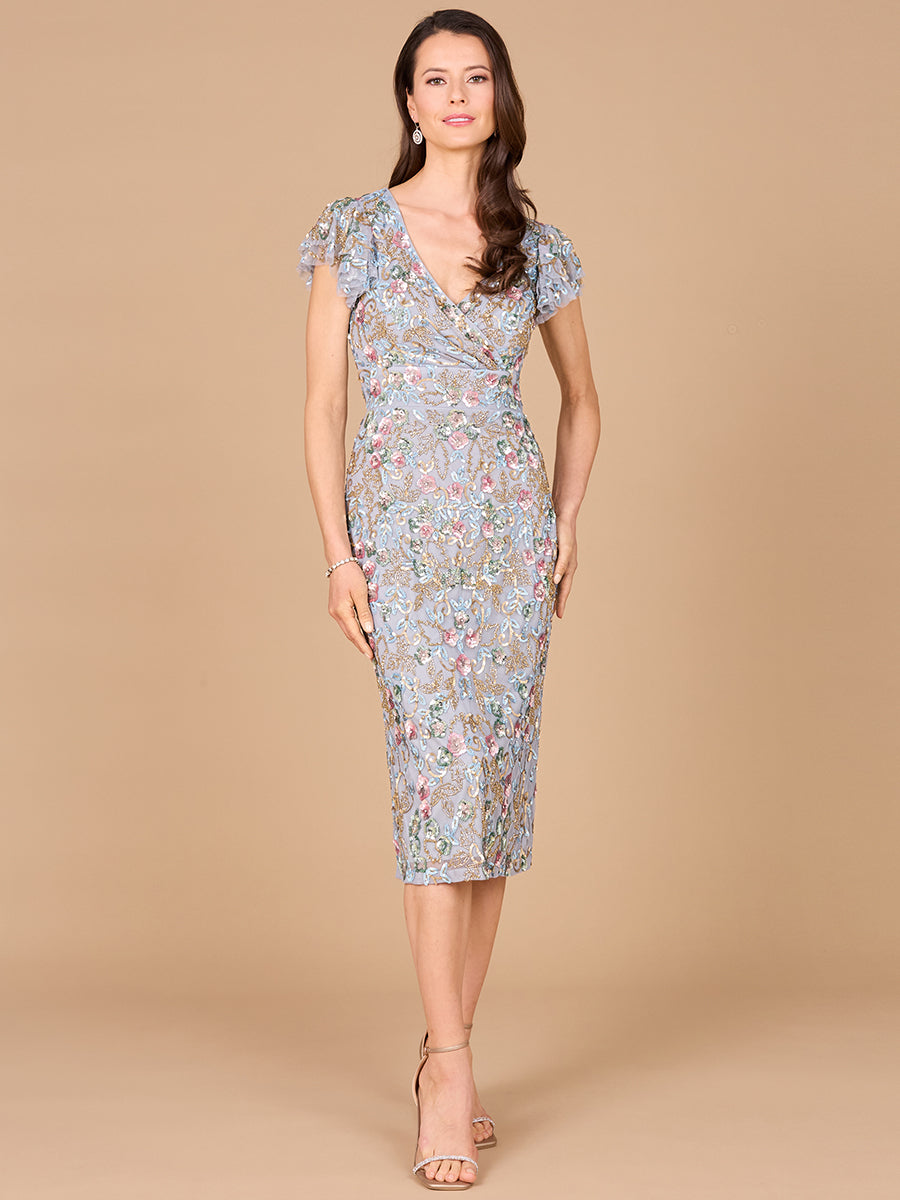 Lara Dresses 29036 Short Floral Beaded Midi Cocktail Dress