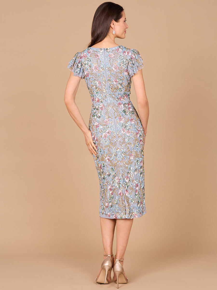 Lara Dresses 29036 Short Floral Beaded Midi Cocktail Dress