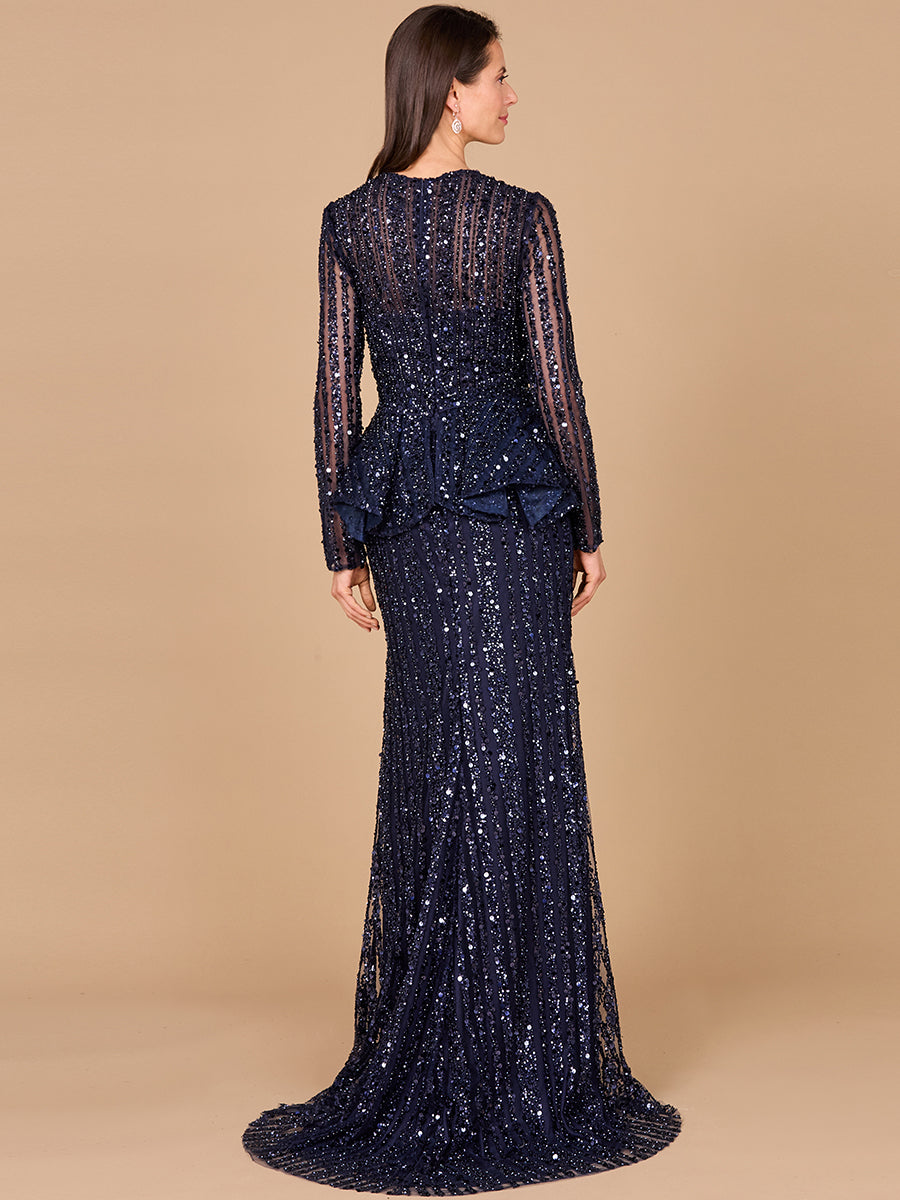 Lara Dresses 29038 Long Sleeve Beaded Formal Peplum Evening Dress