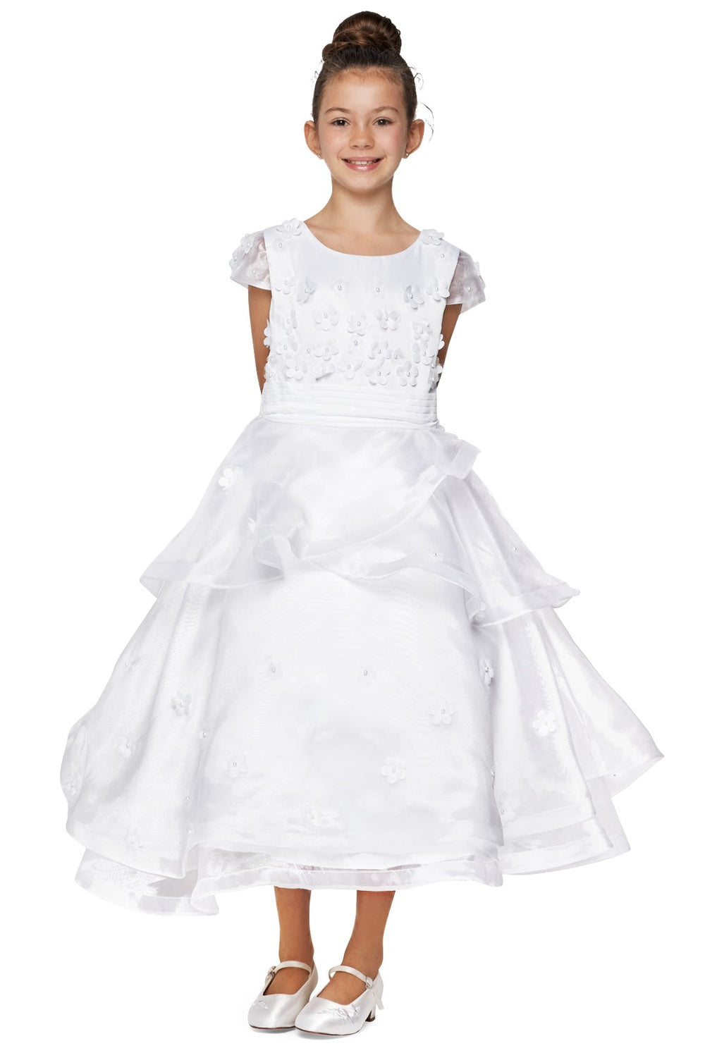 Flower Girl Dresses 3D Floral Layered Tea Length Flower Girl Dress White