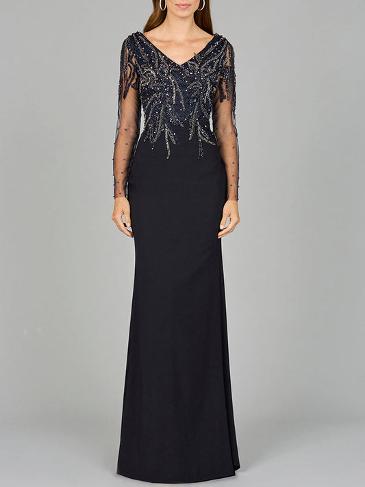 Mother of the Bride Dresses Long Sleeve Beaded Mother of the Bride Formal Dress Navy