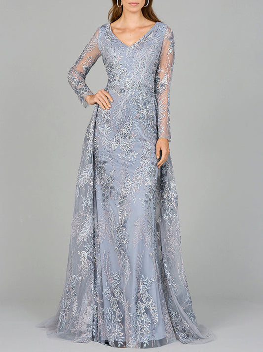 Formal Dresses Long Sleeve Formal Lace Overskirt Evening Dress Slate/Multi
