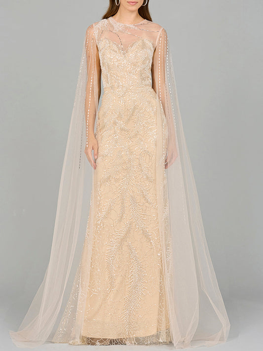 Formal Dresses Long Formal Cape Sleeve Beaded Evening Dress Champagne/Ivory