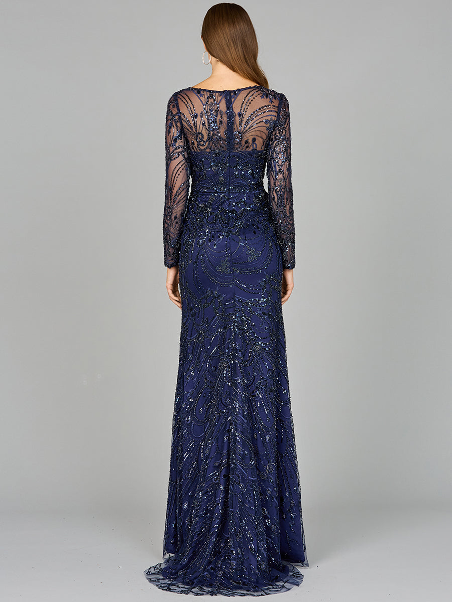 Formal Dresses Long Sleeve Formal Beaded Lace Evening Dress Navy