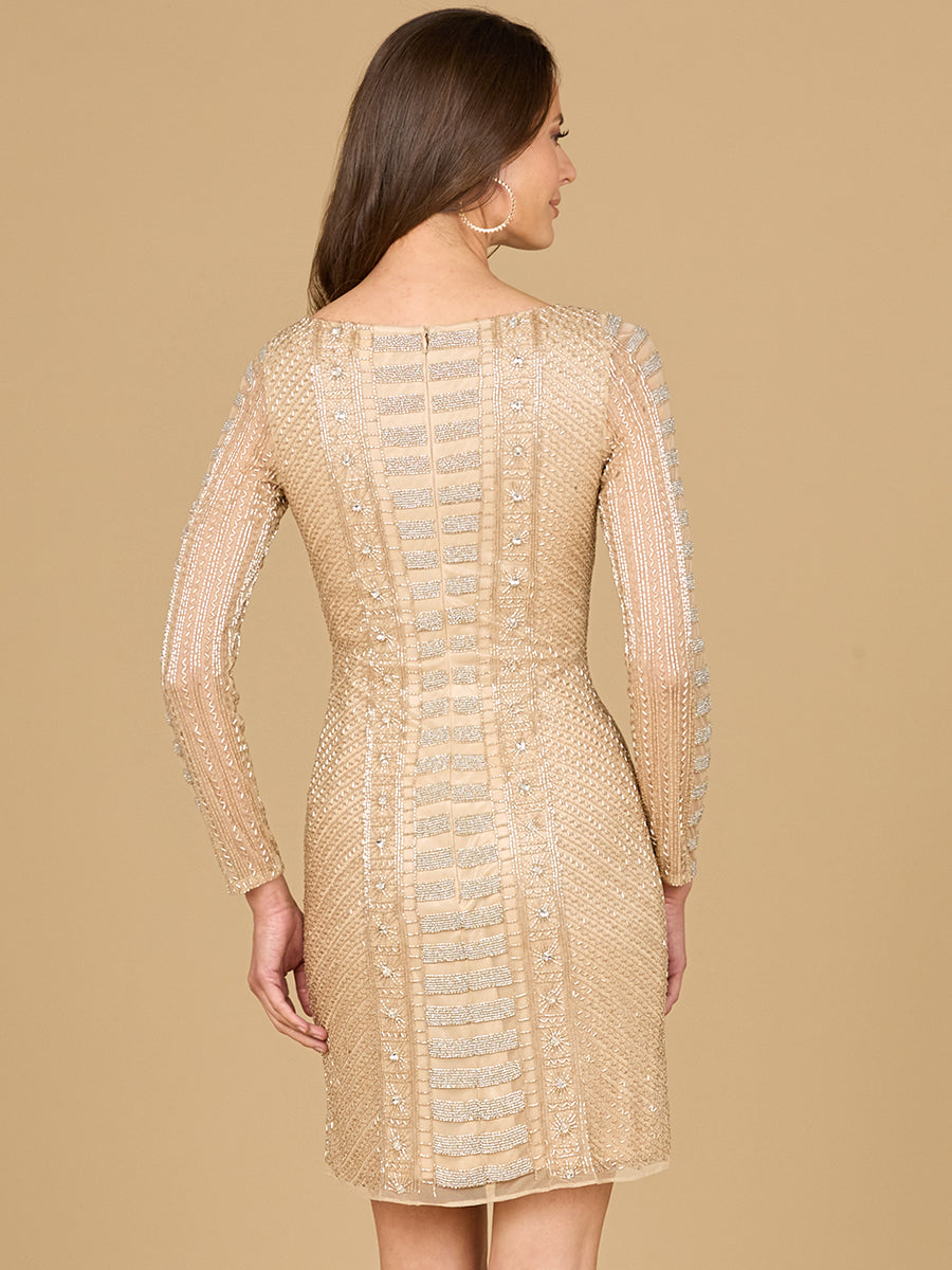 Lara Dresses 29062 Long Sleeve Geometric Beaded Short Cocktail Dress
