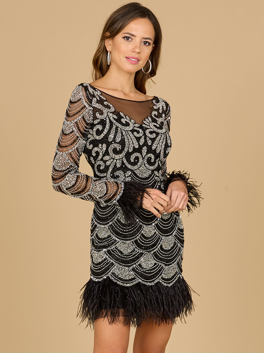 Lara Dresses 29066 Beaded Short Cocktail Long Sleeve Dress