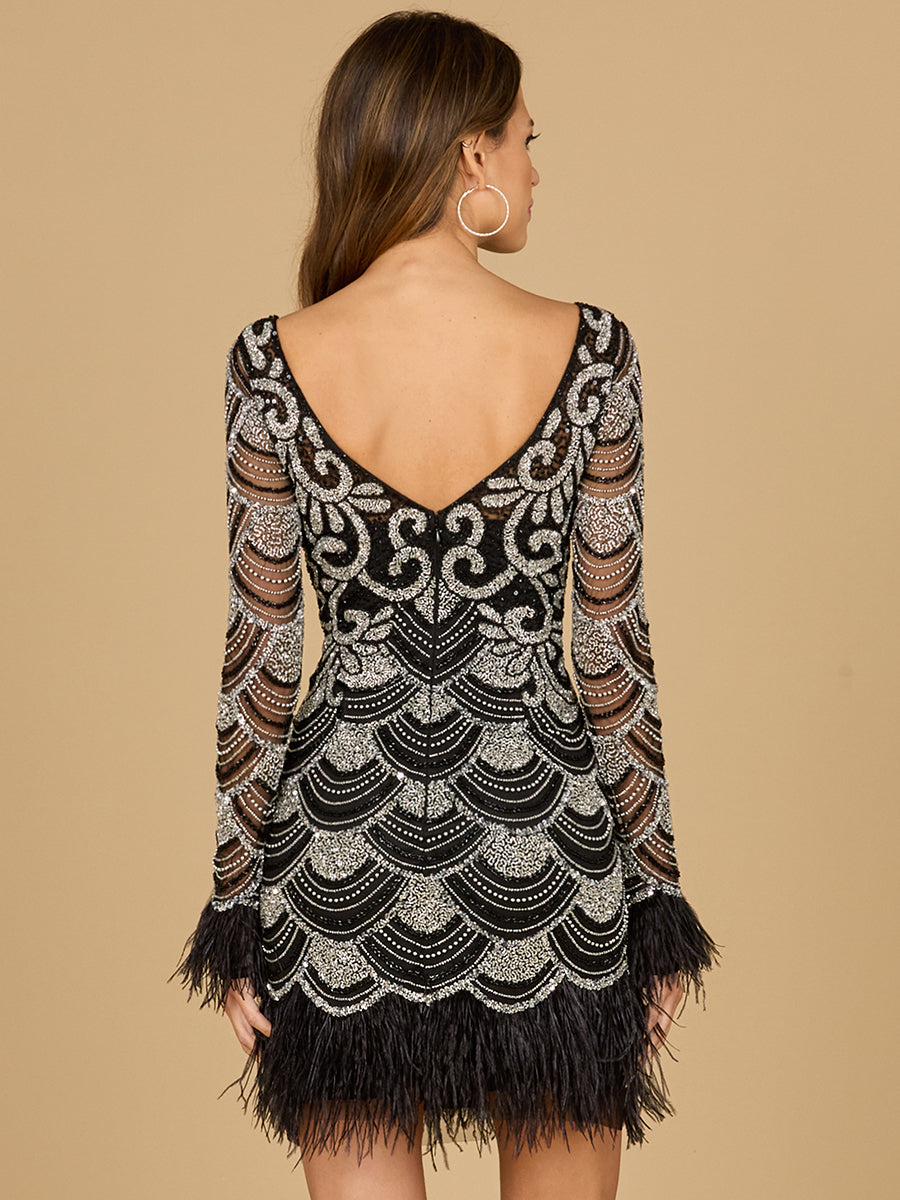 Cocktail Dresses Beaded Short Cocktail Long Sleeve Dress Black/Silver