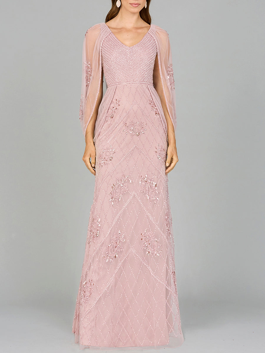 Formal Dresses Long Formal Beaded Cape Evening Dress Dusty Rose