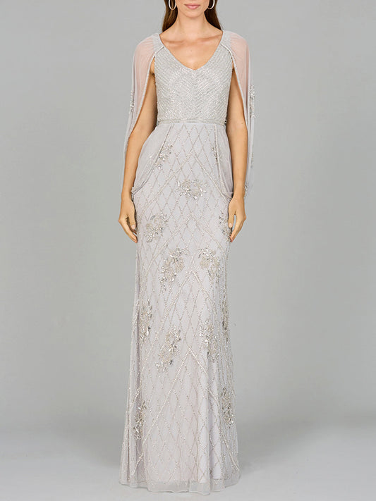 Formal Dresses Long Formal Beaded Cape Evening Dress Silver