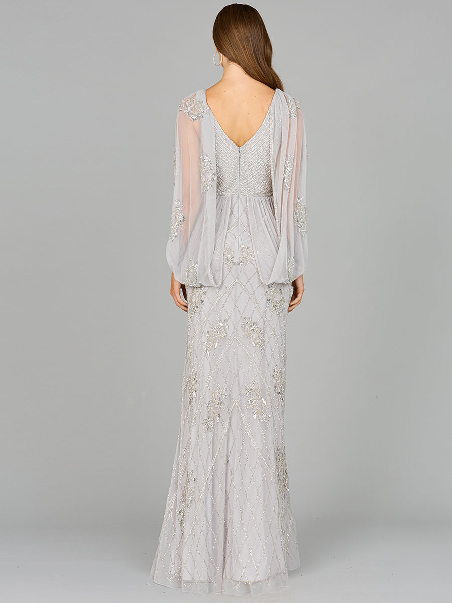 Formal Dresses Long Formal Beaded Cape Evening Dress Silver