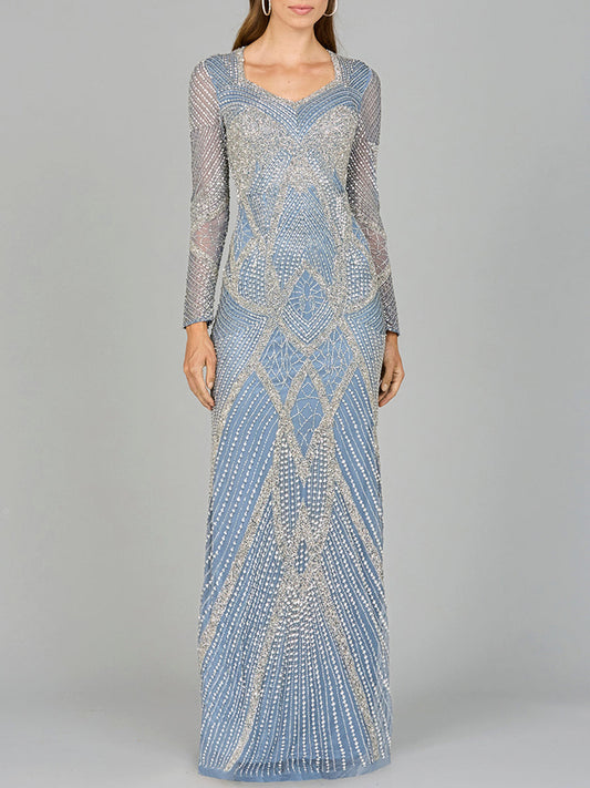 Mother of the Bride Dresses Beaaded Long Sleeve Mother of the Bride Formal Dress Ink Blue