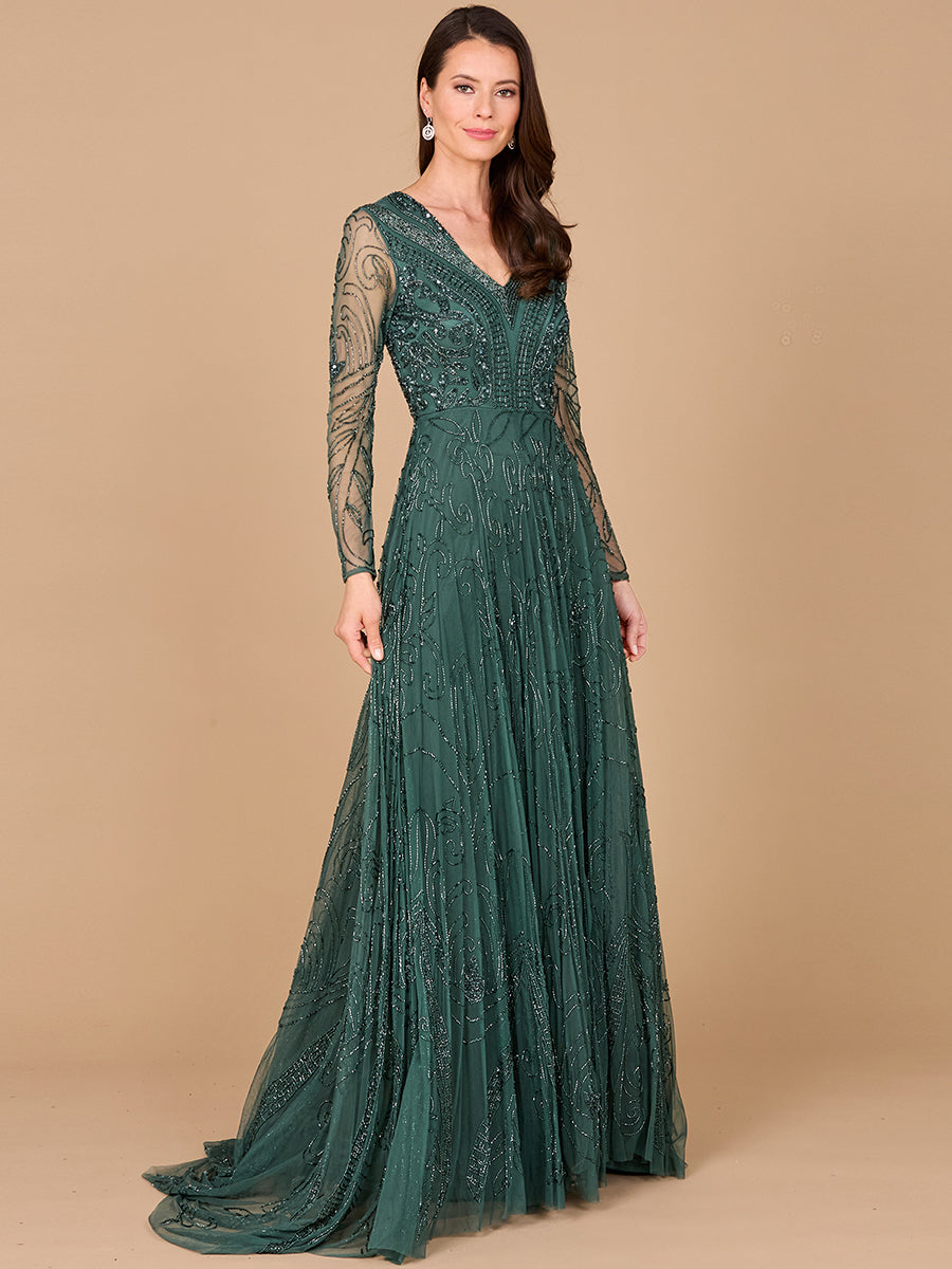 Lara A-Line Green Beaded Dress with Sleeves Green / 20 Lara A-Line Green Beaded Dress with Sleeves Green / 20