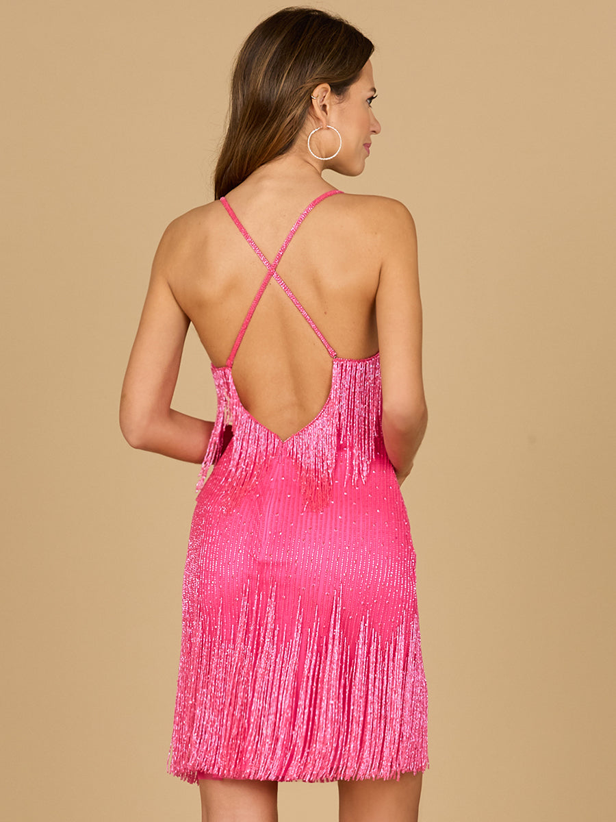 Lara Dresses 29121 Beaded Short Fitted Fringe Cocktail Dress