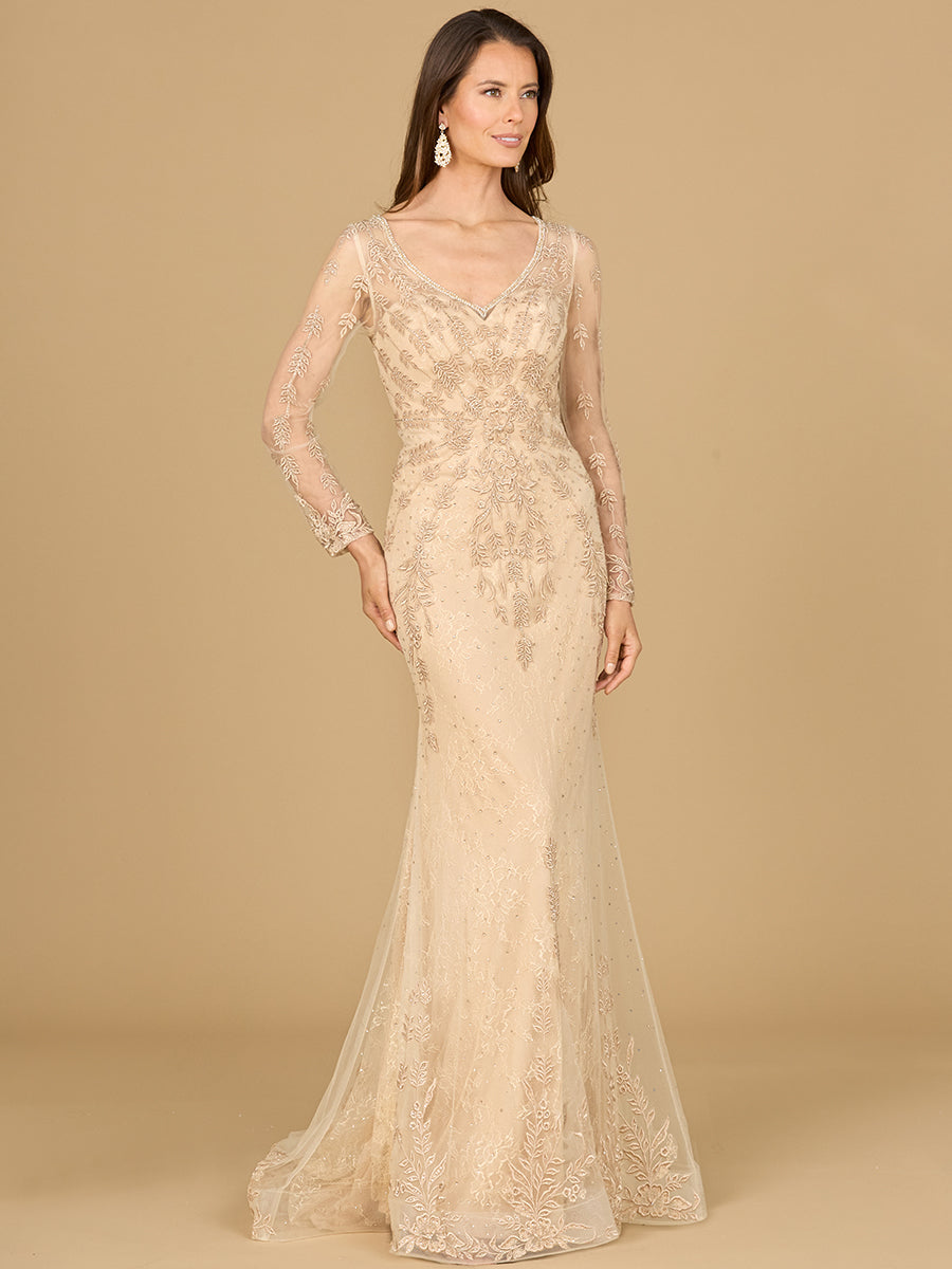 Lara Dresses 29128 Beaded Lace Applique Long Sleeve Formal Dress