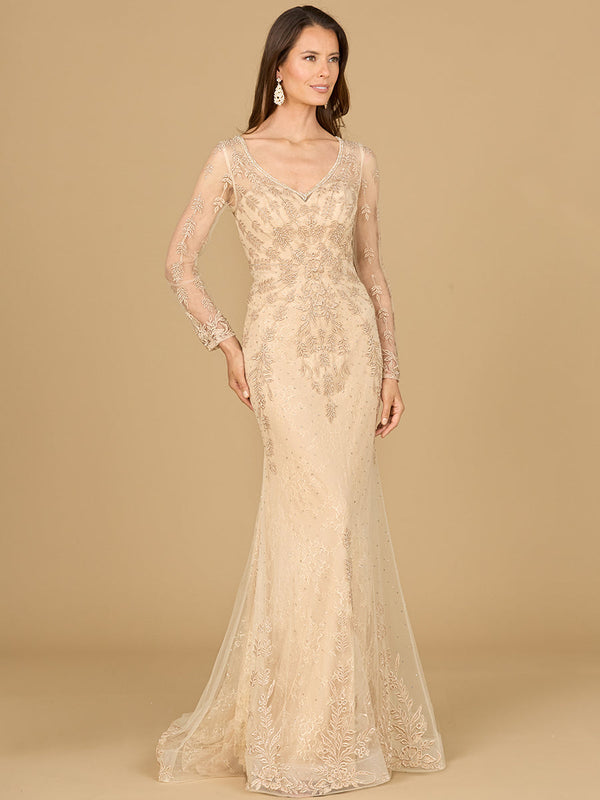 Lara Dresses 29128 Beaded Lace Applique Long Sleeve Formal Dress