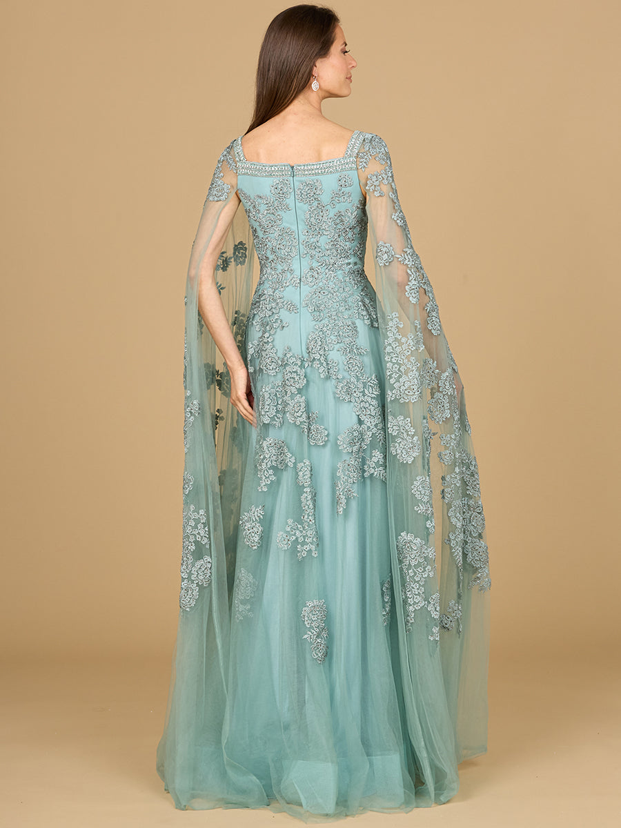 Lara Dresses 29138 Long Cape Formal Mother of the Bride Lace Dress - Silver / 22 Lara Dresses 29138 Long Cape Formal Mother of the Bride Lace Dress - Silver / 22