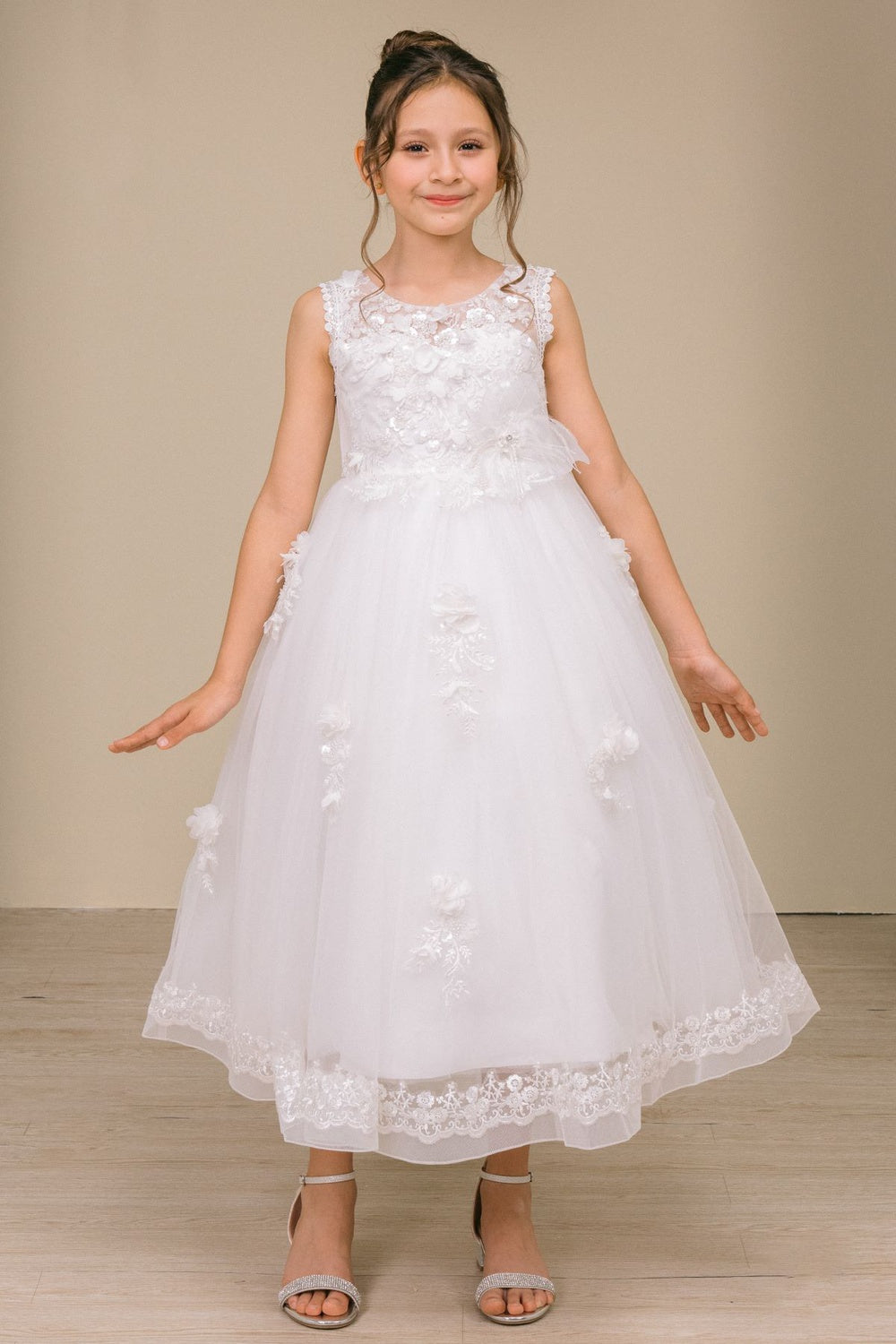 Flower Girl Dresses 3D Floral Midi Beaded Flower Girl Dress White