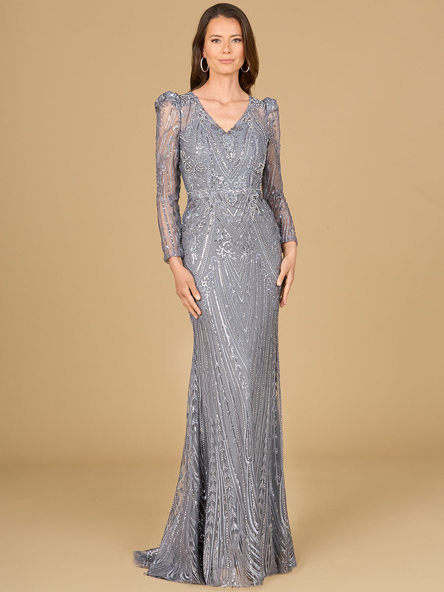 Lara Dresses 29156 Long Puff Sleeve Evening Formal Dress - Grey / 18 Lara Dresses 29156 Long Puff Sleeve Evening Formal Dress - Grey / 18