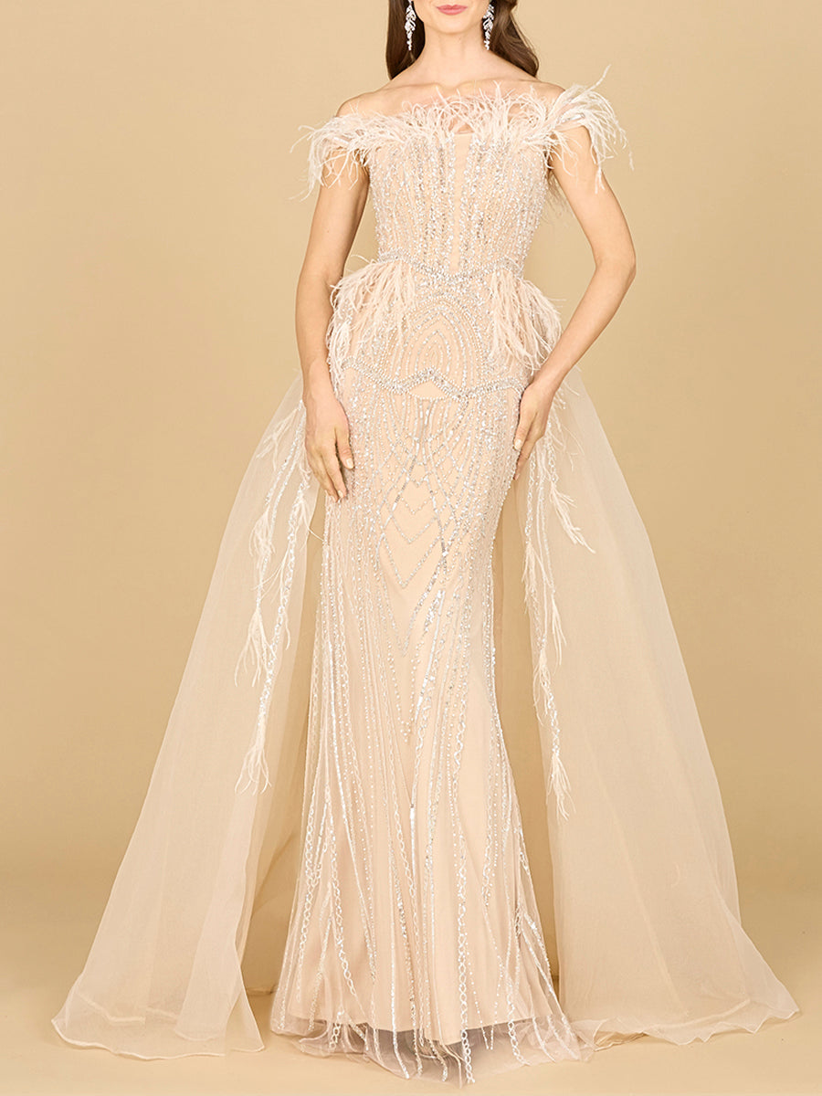 Formal Dresses Long Formal Beaded Overskirt Evening Dress Champagne