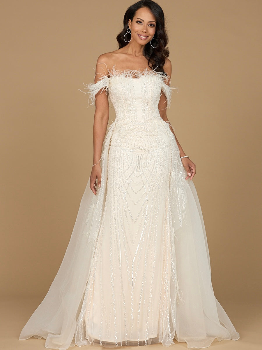 Lara Dresses 29161 Beaded Feather Long Fitted Overskirt Wedding Dress