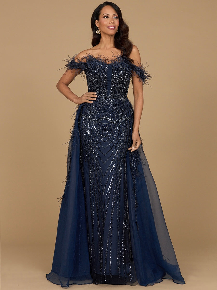 Formal Dresses Long Formal Beaded Overskirt Evening Dress Navy