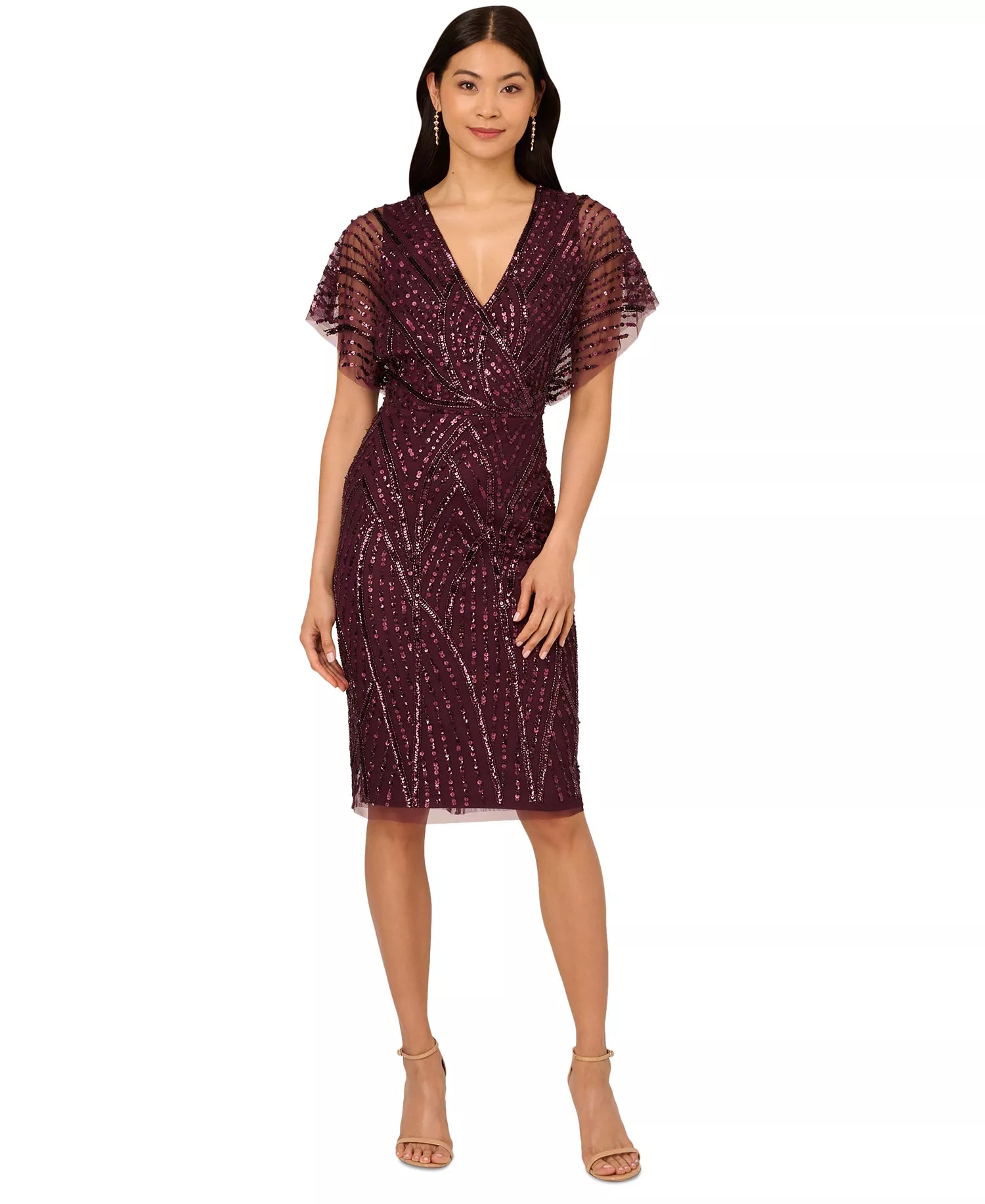 Deep Amethyst Adrianna Papell AP1E211543 V-Neck Short Sequin Cocktail Dress Flutter Sleeve