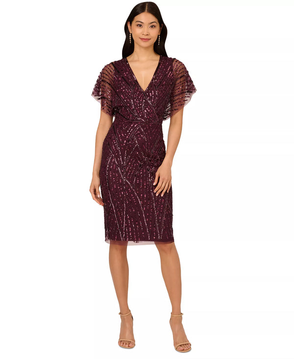 Adrianna Papell AP1E211543 V-Neck Short Sequin Cocktail Dress Flutter Sleeve