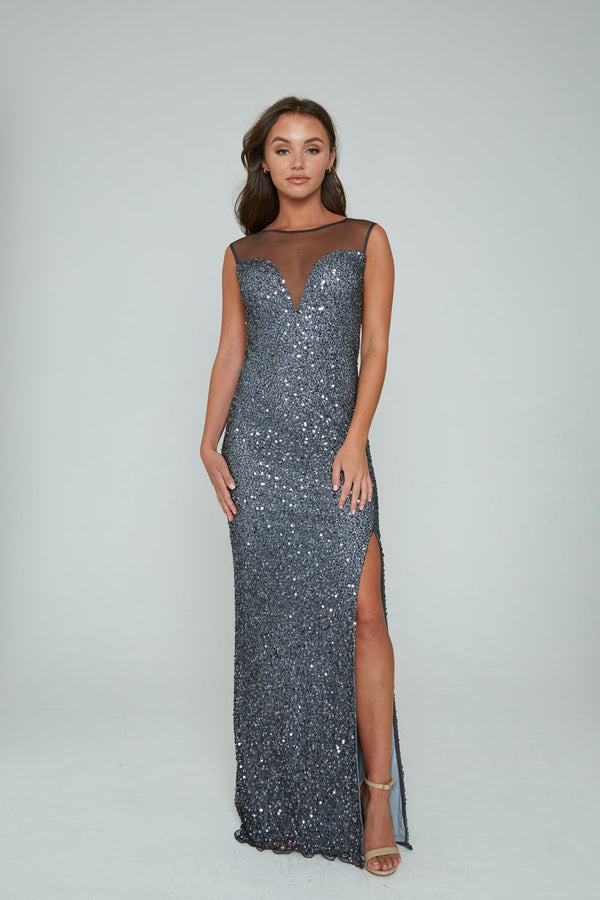 Beaded Fitted Slit Long Formal Prom Dress Aleta 291