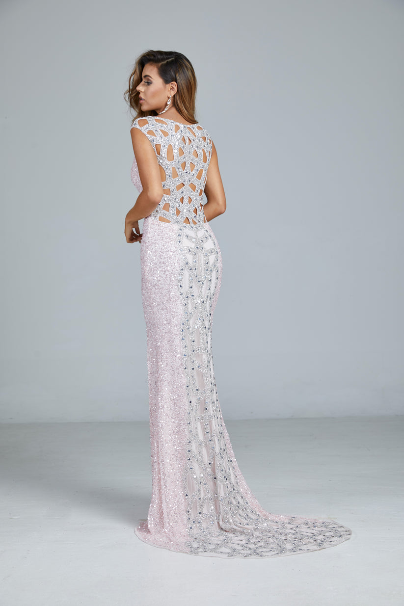 Prom Dresses Beaded Fitted Slit Long Formal Prom Dress Aleta 291 Ice Pink/Silver