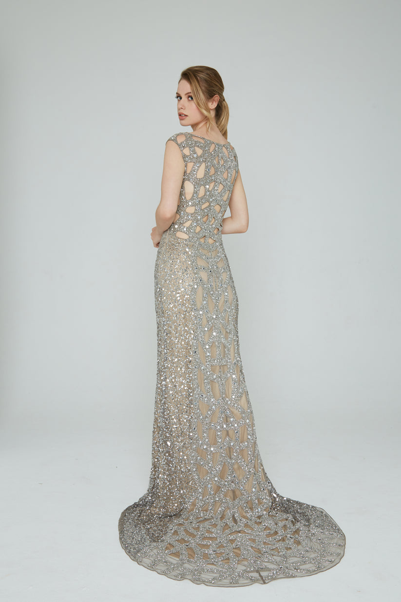 Prom Dresses Beaded Fitted Slit Long Formal Prom Dress Aleta 291 Lead/Silver