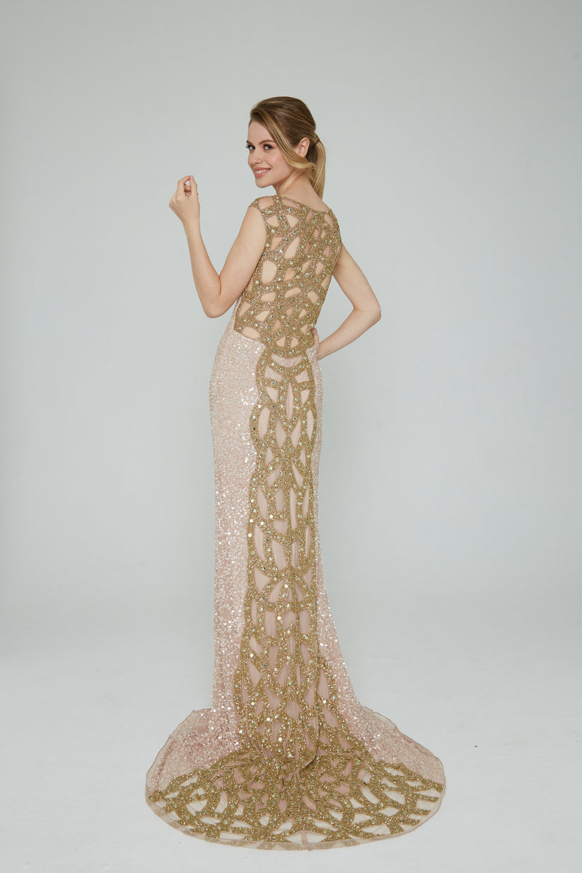 Prom Dresses Beaded Fitted Slit Long Formal Prom Dress Aleta 291 Rose/Gold